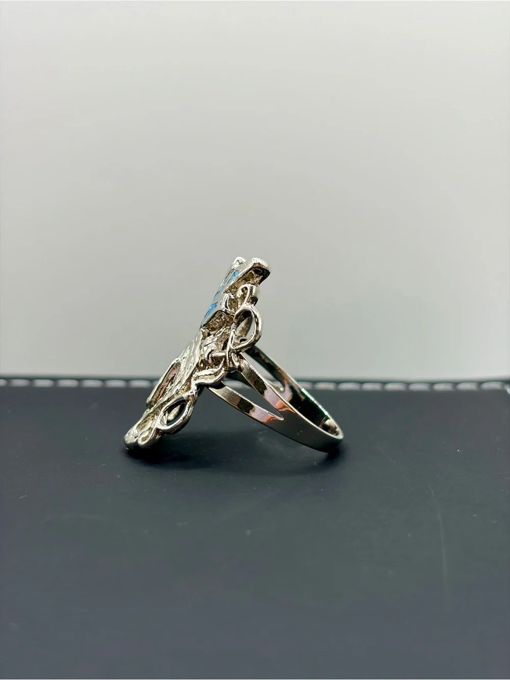 Tribal Silver Plated Statement Ring with Turquoise and Coral Accents